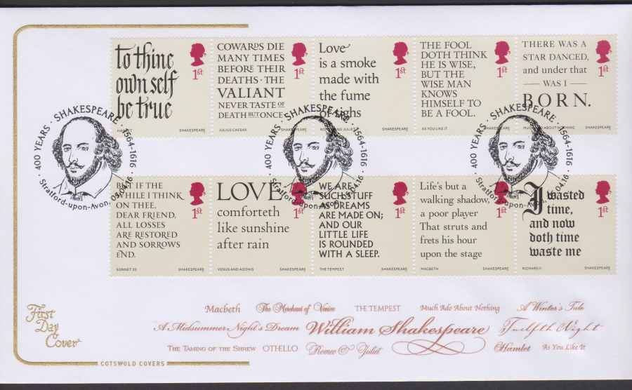 2016 - Shakespeare Cotswold First Day Cover - 400 Years Stratford upon Avon Portrait Postmark
